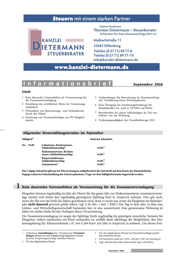 Titelbild Newsletter September 2026 der Kanzlei Dietermann